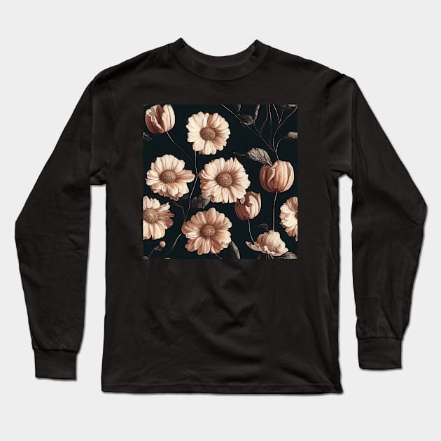 Dark and Moody Pink Peonies on Dark Background Long Sleeve T-Shirt by VintageFlorals